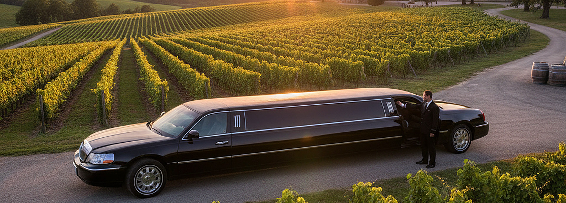 Napa Valley Limousine Service slideshow image of a limo in front of a Napa vineyard